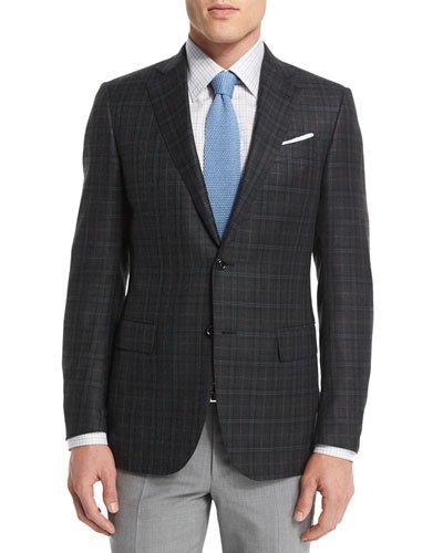 Plaid Two-button Wool Blazer, Gray/green