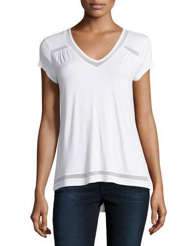 Mesh-trim V-neck Tee, White
