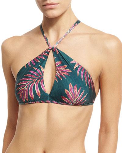 Leaves Keyhole Halter Swim Top, Green