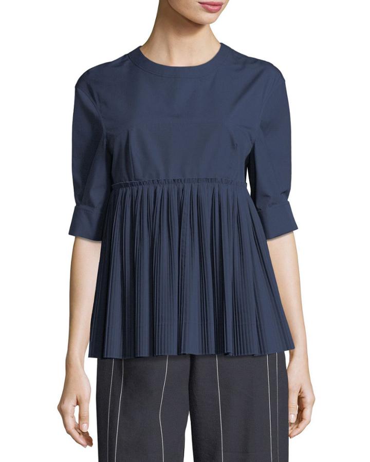 Half-sleeve Pleated Poplin Top