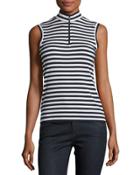 Half-zip Striped Ribbed Top, Blue/white