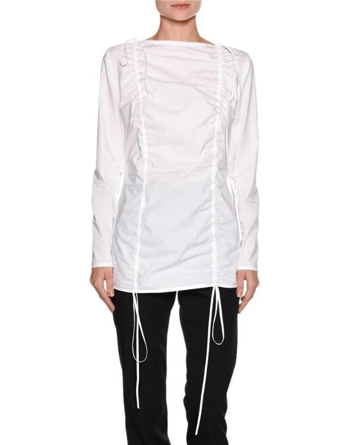 Ruched Poplin Long-sleeve Tunic, White