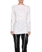 Ruched Poplin Long-sleeve Tunic, White