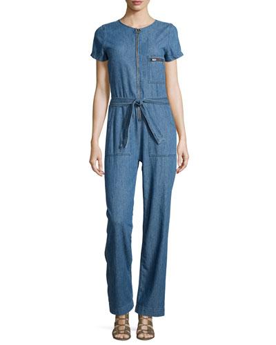 Short-sleeve Denim Jumpsuit, Duffle Blue