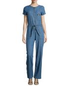 Short-sleeve Denim Jumpsuit, Duffle Blue