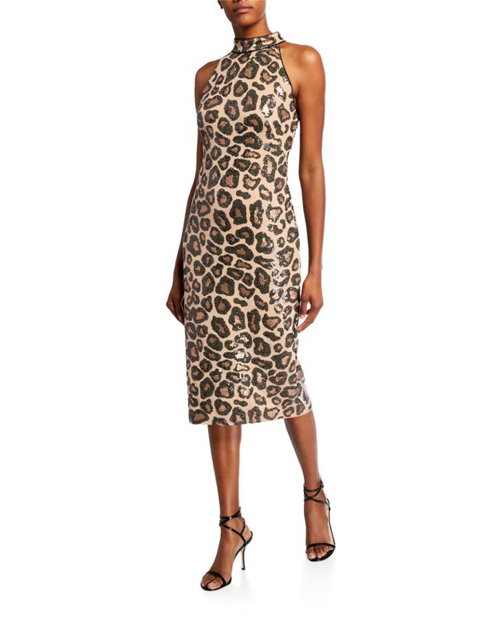 Sequin Cheetah Sleeveless High-neck Dress