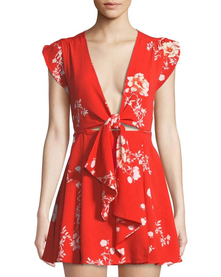 Cassidy Floral-print Tie-front Mini Wrap Dress