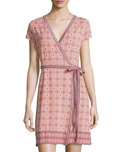 Printed Short-sleeve Wrap Dress, Orange Pattern