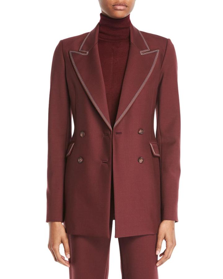 Angela Double-breasted Sportswear Wool Blazer W/ Contrast Topstitching