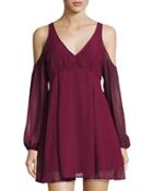 Cold-shoulder V-neck Dress, Burgundy