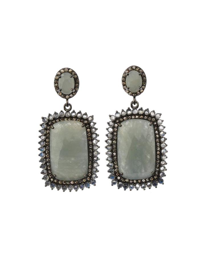 Silver Rectangle Drop Earrings With Multicolor Sapphire, Moonstone & Diamonds