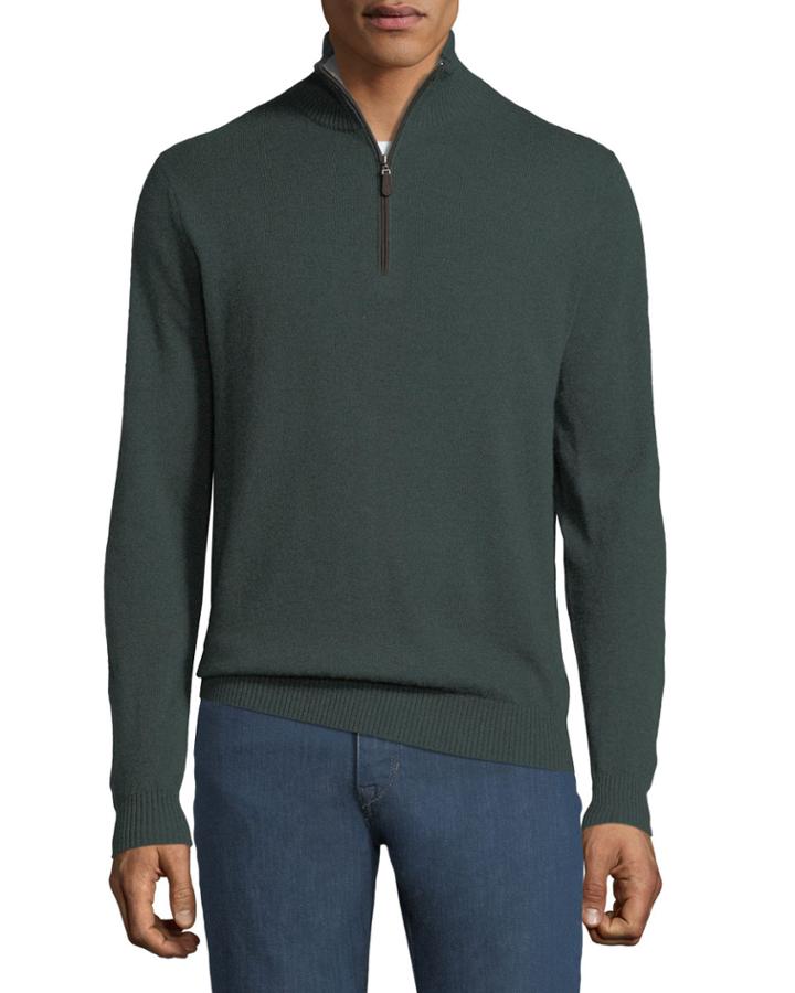 Men's Cashmere Suede-piped Mock-neck