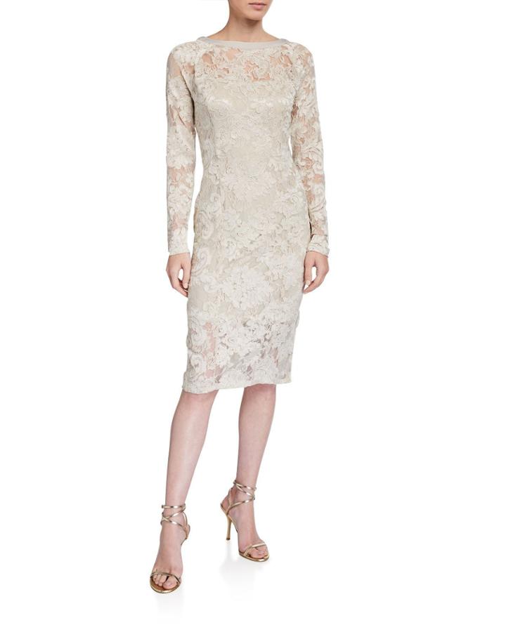 Embroidered Lace Long-sleeve Midi Cocktail Dress