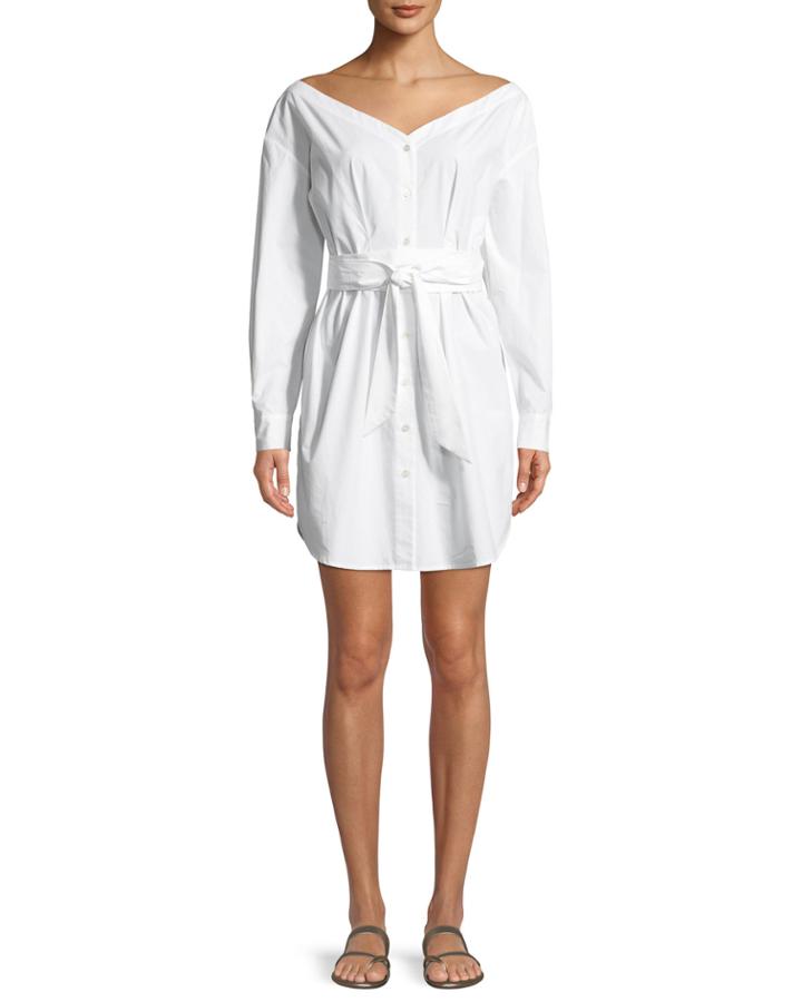 Button-front Long-sleeve Belted Poplin Dress