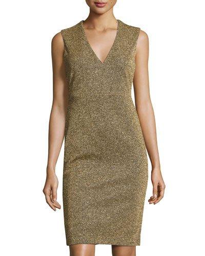 Sleeveless Metallic V-neck Sheath Dress, Gold