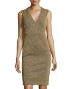 Sleeveless Metallic V-neck Sheath Dress, Gold