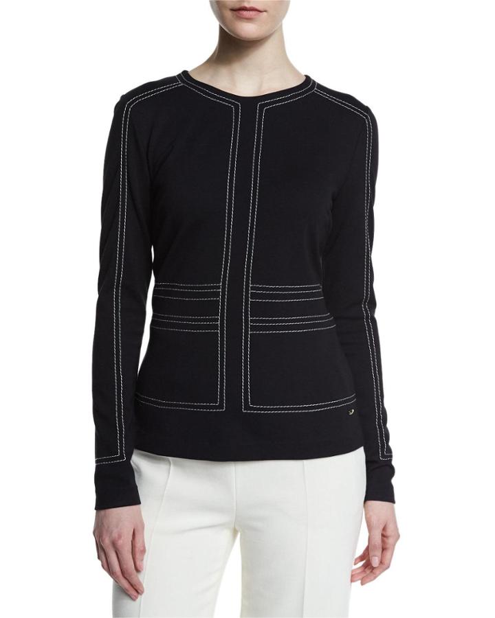 Topstitched Scuba Long-sleeve Top, Navy