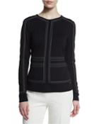 Topstitched Scuba Long-sleeve Top, Navy