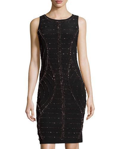 Sleeveless Beaded Sheath Dress, Black