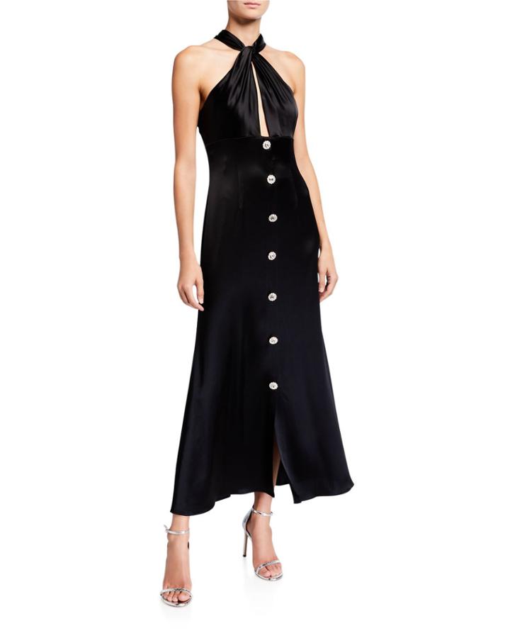 Keyhole Midi Satin Halter Dress With Buttons