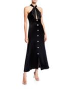 Keyhole Midi Satin Halter Dress With Buttons