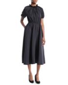 Ruched Mock-neck Short-sleeve Belted Faille Midi Cocktail Dress With Pockets