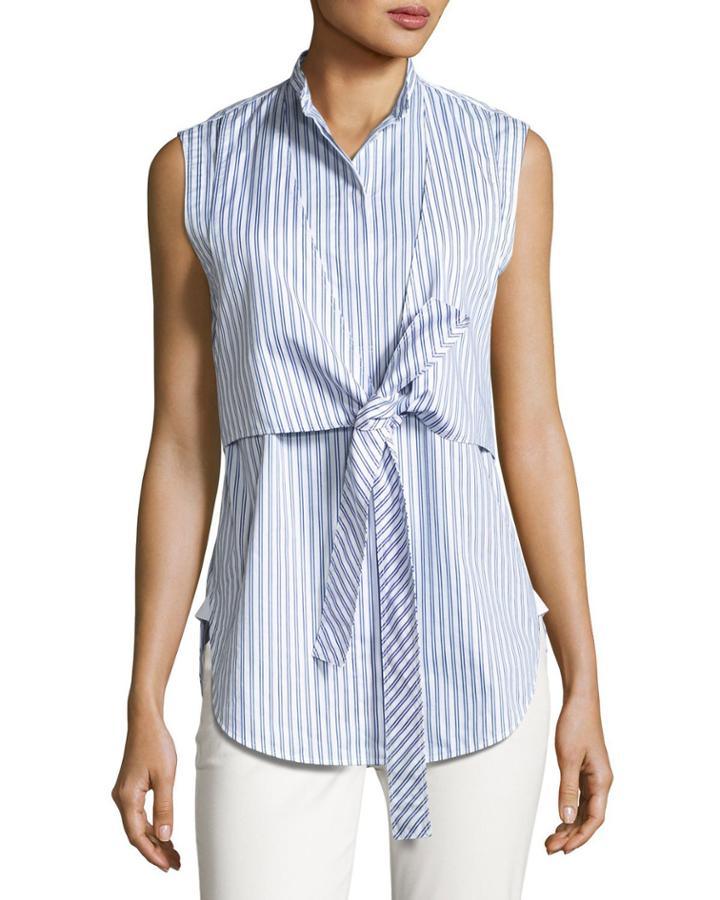 Sleeveless Striped Tie-front Poplin