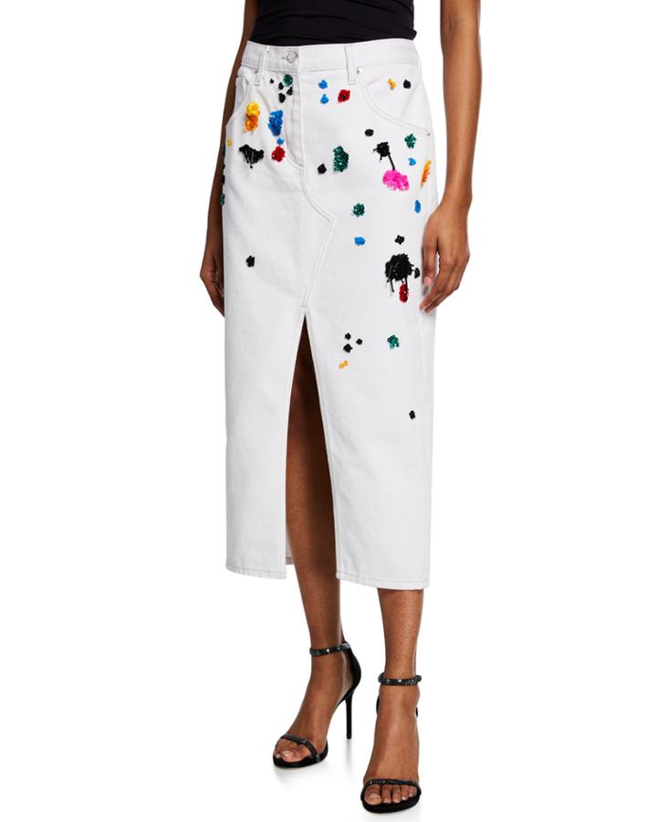 Denim Midi Skirt W/ Rainbow Splatter Embellishments