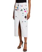 Denim Midi Skirt W/ Rainbow Splatter Embellishments