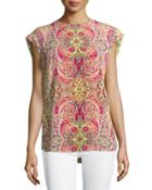 Mosaic-print Cap-sleeve Blouse, Yellow
