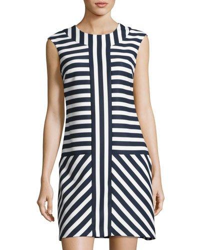 Striped Crepe Sheath Dress, Blue/white