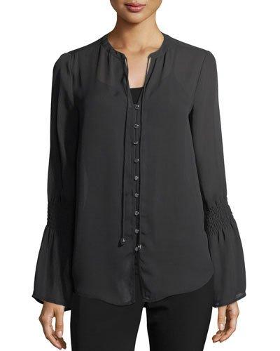 Smocked-sleeve Button-front Blouse