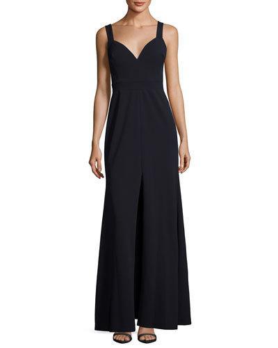 Sleeveless Deep V-neck Gown, Navy