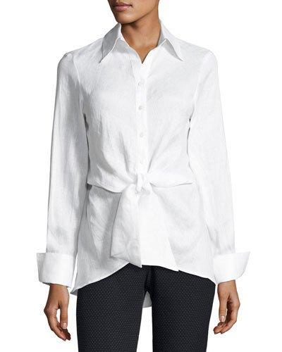 Front-tie Linen Blouse, White