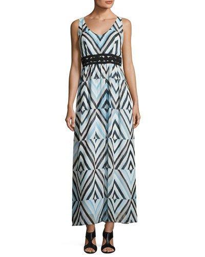 Lace-inset Chiffon Maxi Dress, Blue Pattern