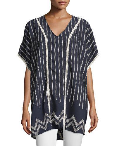 Patterned Crochet-trim Dolman-sleeve Tunic Top, Navy