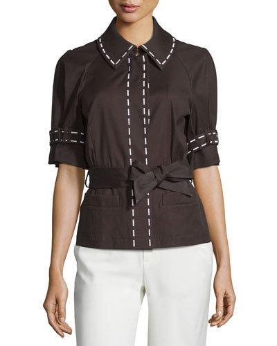 Embroidered-trim Belted Jacket,