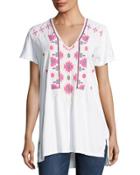 Embroidered V-neck Jersey Tee, White