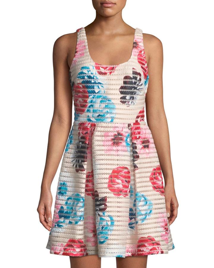 Mitered Stripe Floral Fit & Flare Dress