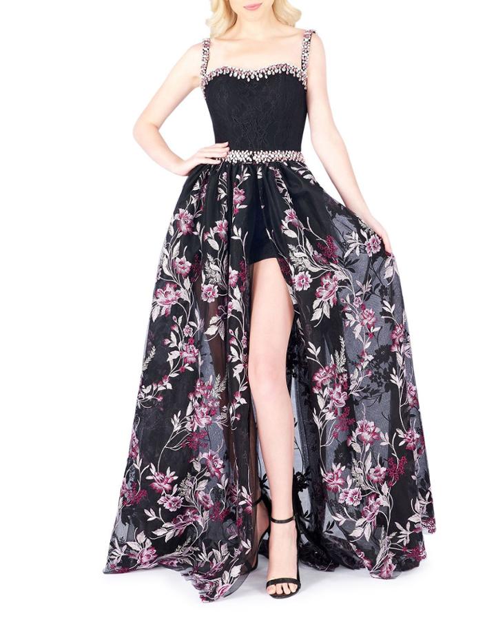 Lace Floral-print Embellished Romper Gown