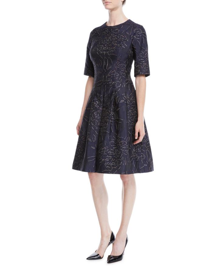 Elbow-sleeve Floral-jacquard Fit-and-flare Cocktail Dress