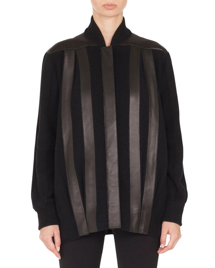 Button-front Leather-striped Baseball-collar Knit Jacket