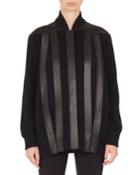 Button-front Leather-striped Baseball-collar Knit Jacket