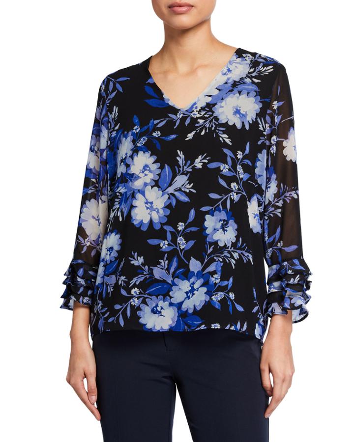 Floral Tiered Ruffle-sleeve Blouse
