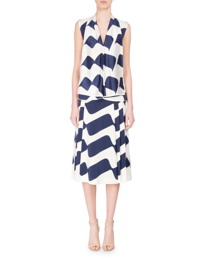 Sleeveless Draped Wave-print Silk Top, Blue/white