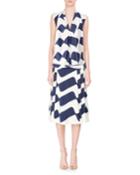 Sleeveless Draped Wave-print Silk Top, Blue/white