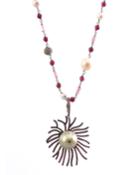 Black Silver Coral-branch Pendant Necklace With Garnet, Pearl & Rhodolite