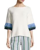 Kingston Tri-color Fringe-sleeve Sweater, White/blue/green