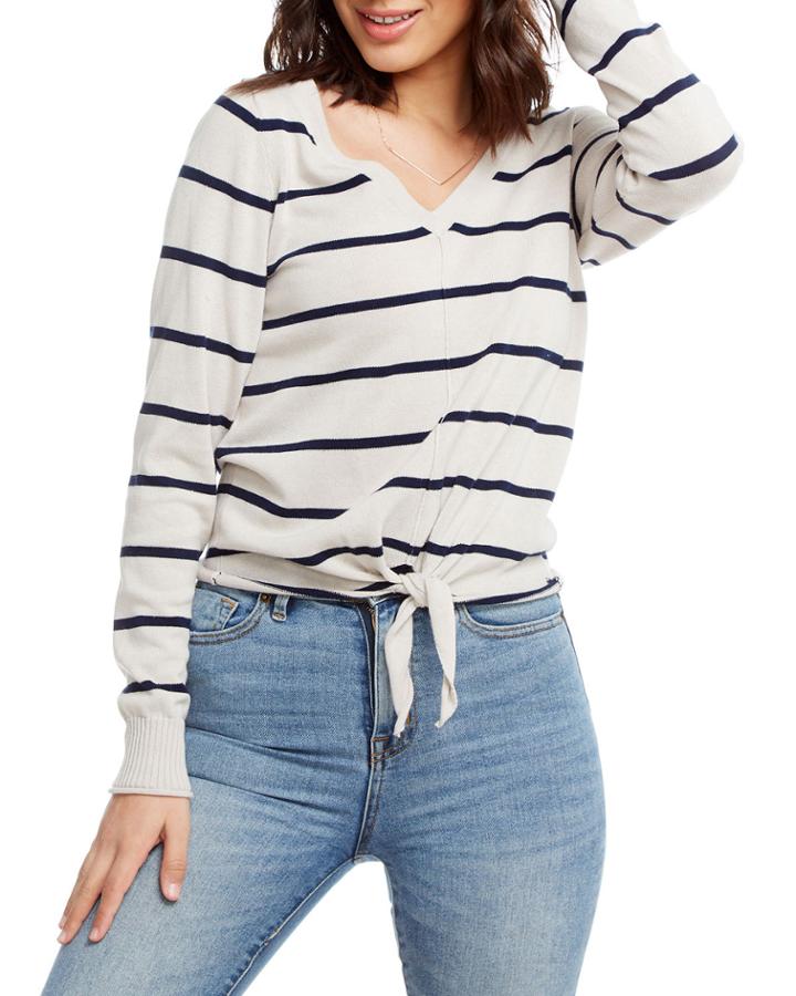 Striped Long-sleeve Tie-hem Cotton-linen