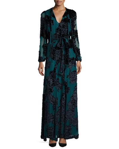 Tie-neck Long-sleeve Velvet Gown, Teal